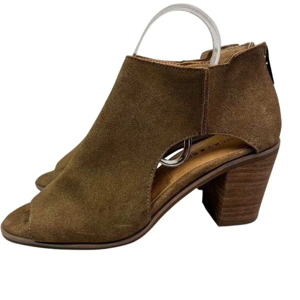 Lucky Brand Ankle Booties Womens 6.5 M Brown Keight Stacked Heel Open Toe Suede